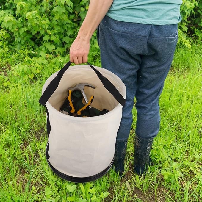 Utility Canvas Bucket 15" x 12" All Purpose Truck Tool Bucket Bag Organizer with Plastic Bottom Metal Hook for Store Work Tool Accessory, Load Capacity up to 150 Lbs