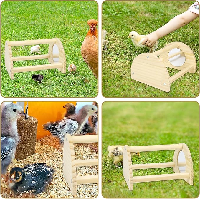 Chicken Perch with Mirror, Strong Pine Wooden Chick Perch Toys for Coop and Brooder for Birds, Baby Chicks, Hens