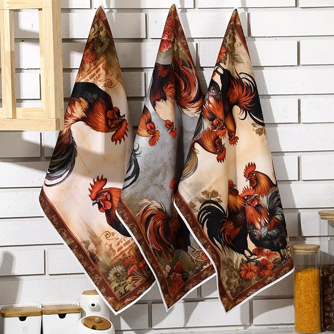 Bencailor 6 Pcs Farmhouse Kitchen Towels Chicken Rooster Kitchen Decor Farm Animal Hand Towels for Cooking Baking Housewarming Gift,15.75 x 23.62 inch(Rust Red,Retro Rooster)