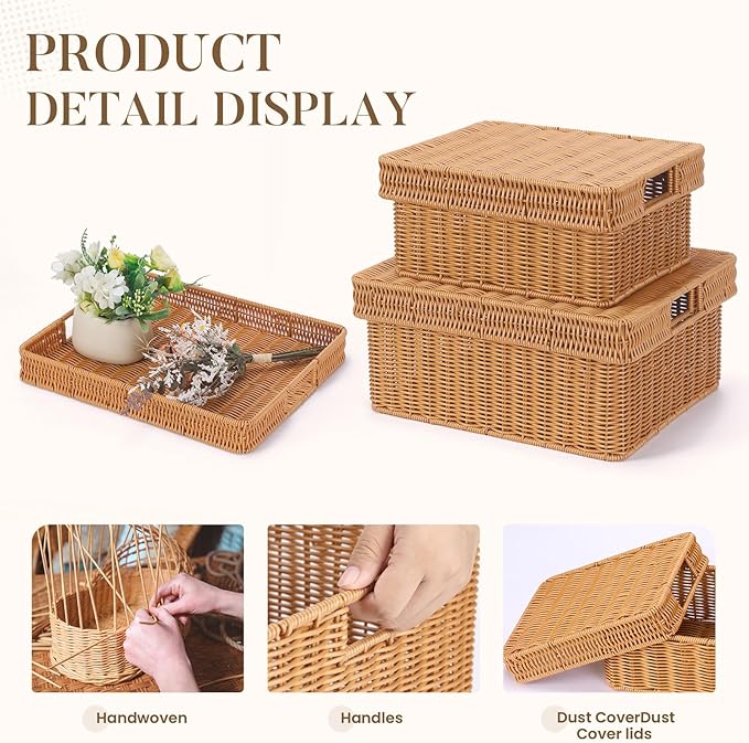 Wicker Storage Basket with Lid - Woven Storage Basket for Organizing,Rectangular Decorative Boxes Bins with Lids for Shelves,living room, Nursery, 2-Piece Set(Light Brown)