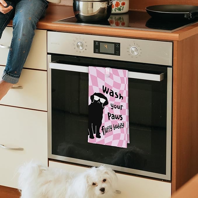 Pink Cute Dog Golden Retriever Bathroom Kitchen Towels, Wash Your Paws Hand Towel for Girly Room, Funny Gifts for Dog Lovers, Trendy Preppy Checkered Dish Towels Decor for Dorm 16x24in