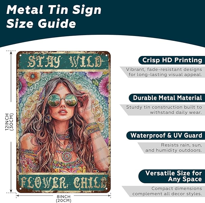 HARIKUIYIN Rustic Retro Metal Tin Sign Stay Wild Flower Child Girl Flowers Wall Art Metal Poster Home Wall Decoration Bar Office Kitchen Home Bedroom Courtyard Decoration Sign 12x8 Inch
