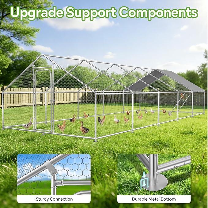 32.8x9.8 FT Large Metal Chicken Coop with Roosting Perch, Waterproof and UV-Resistant Cover for Yard Farm Rabbit Duck Chicken Run with Spire Roof
