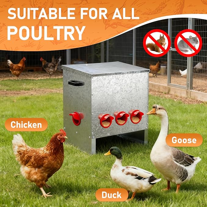 Outvita Metal Chicken Feeder 85 Pounds 5 Ports, No Waste Automatic Chicken Feeder, Metal Poultry Feeder with Handle for Chickens Duck Bantams Pheasants Poultry Coop Weatherproof, Rodent Proof