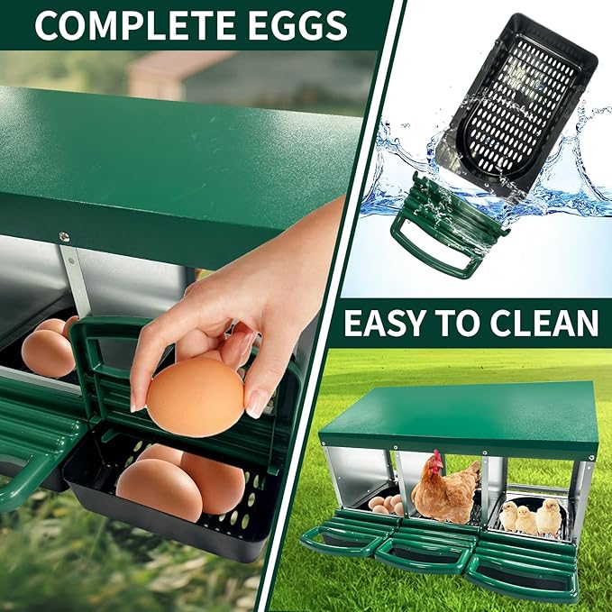 Nesting Boxes for Chickens 3 Holes Chicken Nesting Box Reversible Roll Out for Hens Heavy Duty Metal Chicken Laying Boxes with Egg Collecting on The Back and No Hang Roll Away Nesting Box Design