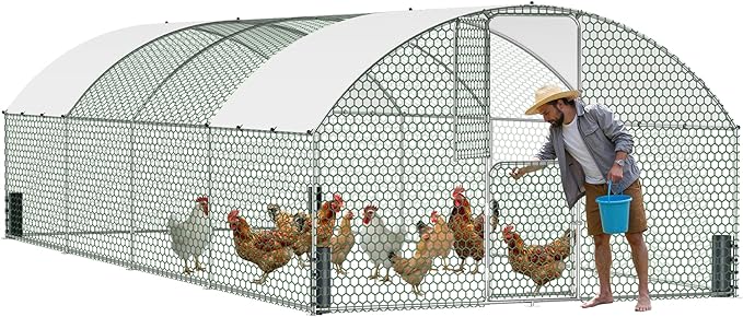 Large Metal Chicken Coop, Walk-in Chicken Run with Feeding Door, Security Lock and Cover, Outdoor Duck/Rabbit Cage Poultry Pen for Backyard, Farm, Yard (Silver - Dome Roof, 26.2 x 9.8 x 6.6 FT)