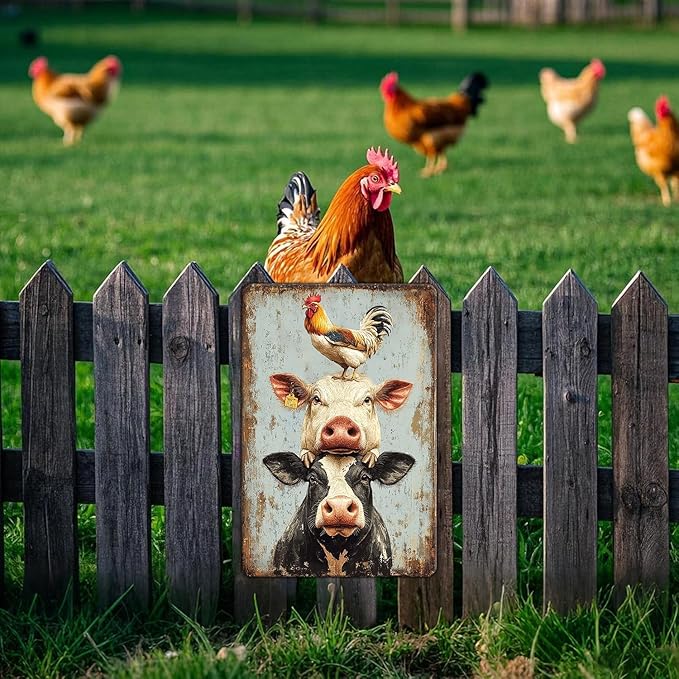 Vintage A Pig Cow Chicken Metal Sign Rustic Home Kitchen Coffee Garden Farmhouse Chicken Coop Wall Decor Ruster Tin Poster 12x16 Inch