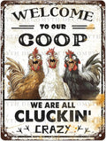 Retro Chicken Coop Tin Sign Welcome to Our Coop Vintage Chicken Hen Rooster Metal Poster Funny Pet Lovers Wall Art Accessories for Farmhouse Garden Plaque Farm Kitchen 12 * 16inch