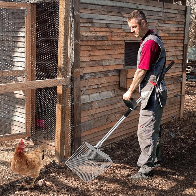 15-inch Large Chicken Poop Scooper with Ergonomic Grip, 4 in 1 Adjustable Chicken Coop Pooper Shovel (24 to 70"), Sifting Litter Shovel for Chicken Coop/Goat Stall/Stable Cleaning