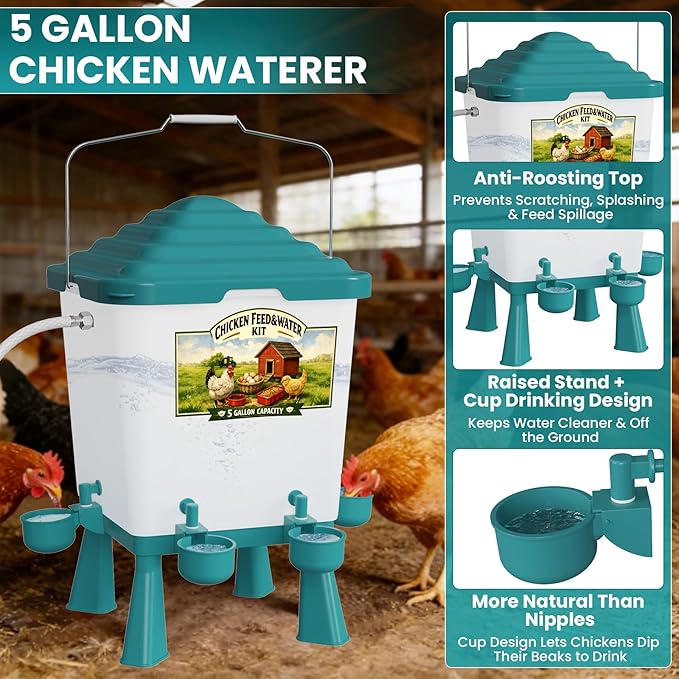 Automatic Chicken Feeder and Waterer Set, Chicken Coop Accessories - 5 Gallon Poultry Nipple Waterer with Stand, Easy Top Fill Chick Feeder (Blue)