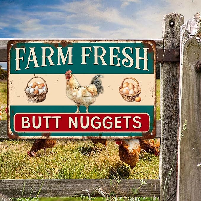 Farm Fresh Butt Nuggets Metal Tin Sign Funny Chicken Coop Sign For Farmhouse Coop Funny Outdoor Chicken Yard Wall Decor 8x12 Inch
