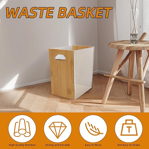 2 Gallon Bamboo-Wooden Trash Can - Rustic Office Waste Paper Basket - Decorative Garbage Bin for Bedroom, Bathroom, Kitchen, Living Room