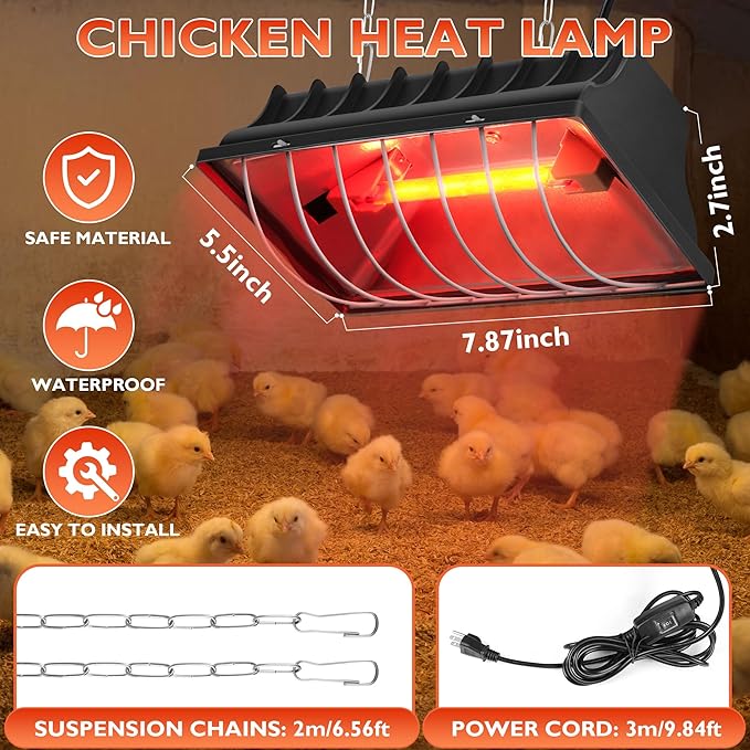 Heat Lamp for Chickens Chicks, Chicken Coop Heater with Adjustable Temp Hanging Height for Winter