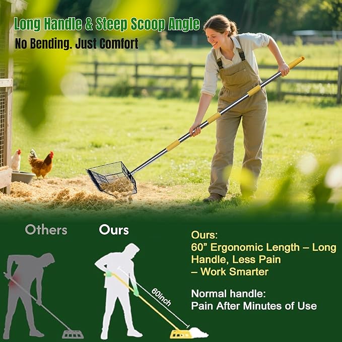 Chicken Coop Poop Scooper Rake for Sand - Lightweight Metal Cleaning Tool,Adjustable 24"-65" Handle, 12" Wide Sifter Shovel for Chicken Run,Litter Box,Dog Yard, Rabbit Hutch,Kids Sandboxes