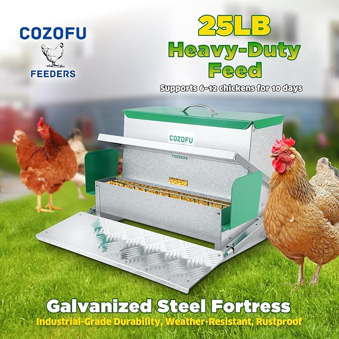 COZOFU's Feeders Automatic Chicken Feeder - Large Capacity for 12 Chickens, Lasts 12 Days (40lb Feed), Durable Galvanized Steel, Rat-Proof, No-Spill, Weatherproof Lid
