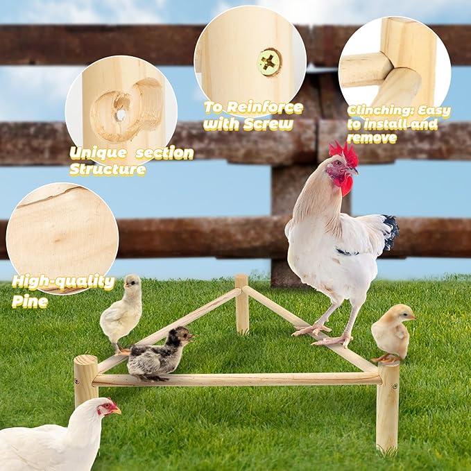 Chicken Perch for Coop & Brooder, Pine Wooden Chicken Toys & Coop Accessories for Chicken Triangular Gym Roosting Bar for Large Hens Parrots Birds, Natural Poultry Stand Chicken Nesting Support - 1P