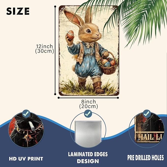 YoyaVex Bunny Metal Sign Vintage Easter Design With Decorative Eggs Rustic Wall Decor For Indoor Outdoor Use In Home Garden 8X12Inch