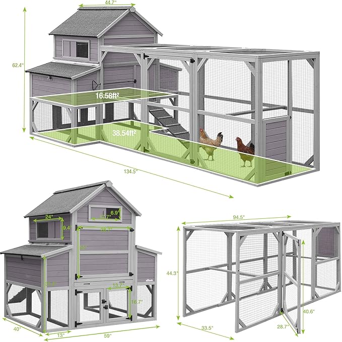 GUTINNEEN Large Chicken Coop 135" Chicken House with Run Wooden Hen House Poultry Cage with 6 Large Nesting Boxes,10-15 Chickens