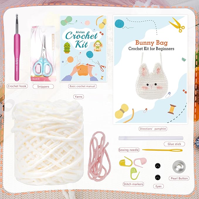 Alvian Crochet Kit for Beginners Crossbody Wallet Belt Bag Crochet Starter Kits Craft Knitting Crocheting Kits with Yarn, Hook, & Tutorial Gift for for Birthday (White-Bunny Bag)