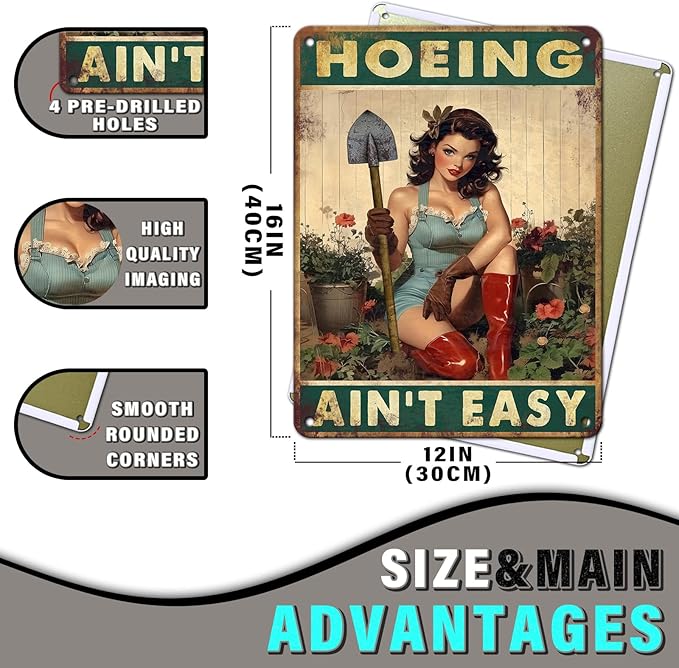 PEACHGARDEN Hoeing Ain't Easy Vintage Garden Signs for Outside Retro Rustic Aluminum Tin Poster Funny Gardening Gift for Women Outdoor Wall Art Decor for Plant & Gardening Lovers 12x16inch