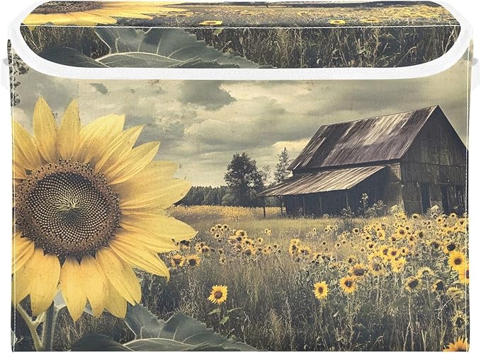Sunflower Farm Storage Basket Bins with Lid, Collapsible Flip-top with Handle for Home Office 16.5×12.6×11.8 in