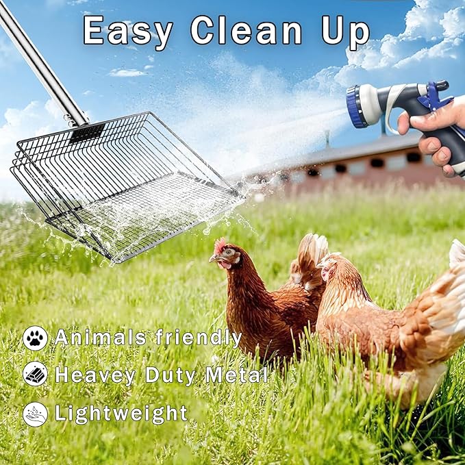 12" Metal Chicken Poop Scooper Rake for Sand with 24 to 68" Handle, Adjustable Chicken Poop Scooper for Poop, Wide 10”Poop Shovel Cleaning Tools, Heavy Duty Sifting Shovel (Black)