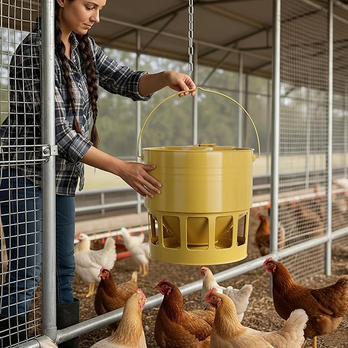 KOL Hanging Chicken Feeder – 20lbs Metal Chicken Feeder No Waste, Adjustable Poultry Feeder with 12 Ports, No Installation & Universal Height Design (Yellow)