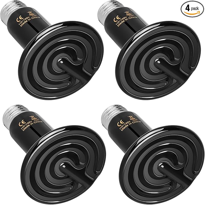 YSSOA 75W Ceramic Heat Emitter Bulb, No Light Reptile Heat Lamp Tank Heat Bulb for Lizards, Bearded Dragons, Turtles, Chickens, 4 Pack