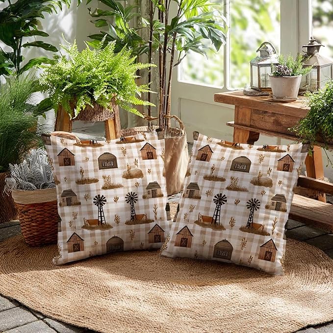 Barn Gingham Farmhouse Throw Pillow Covers 18x18 Inch, Set of 2 | Country Rustic Square Cushion Cases for Couch Sofa Living Room | Neutral Beige Home Decor, Decorative Pillowcases