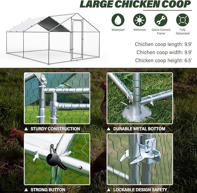 ORANLAND Large Metal Chicken Coop, Spire Chicken Runs for Yard with Cover, Walk in Chicken Coop with Security Lock and Waterproof Cover for Outdoor Farm Use