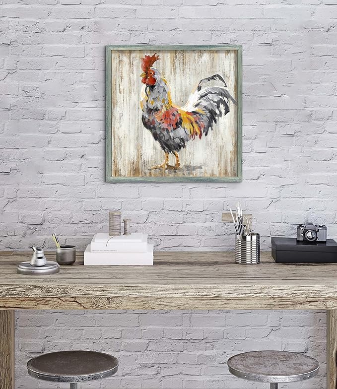 Farm Wall Art Wooden Decor: Rooster Framed Print Rustic Farmhouse Animal Artwork Picture Country Chicken Print Painting for Kitchen Bathroom Living Room 16 x 16 Inches