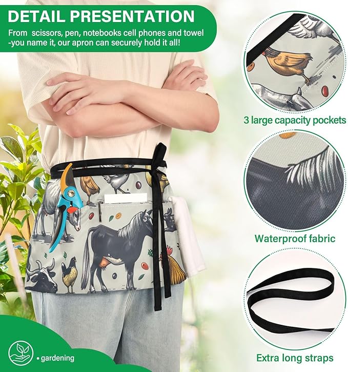 Farm Animal 3-Pocket Server Apron Professional Waist Apron for Waitress, Bartender & Restaurants, Water-Resistant Half Apron for Men Women