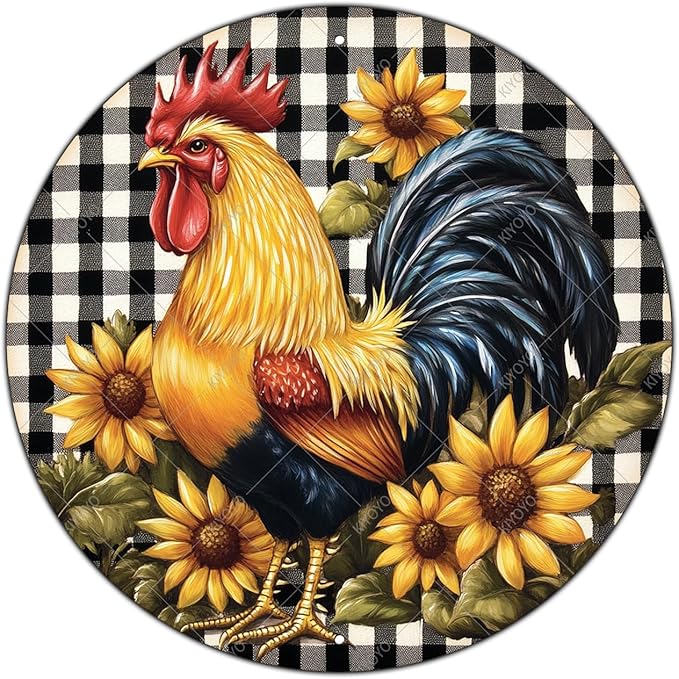 Round Chicken Sign Metal Tin Sign Rustic Plaque Rooster Chicken Farm Wall Art Suitable for Home Garden Kitchen Bar Cafe Restaurant Garage Wall Decor Retro Vintage 8 Inch