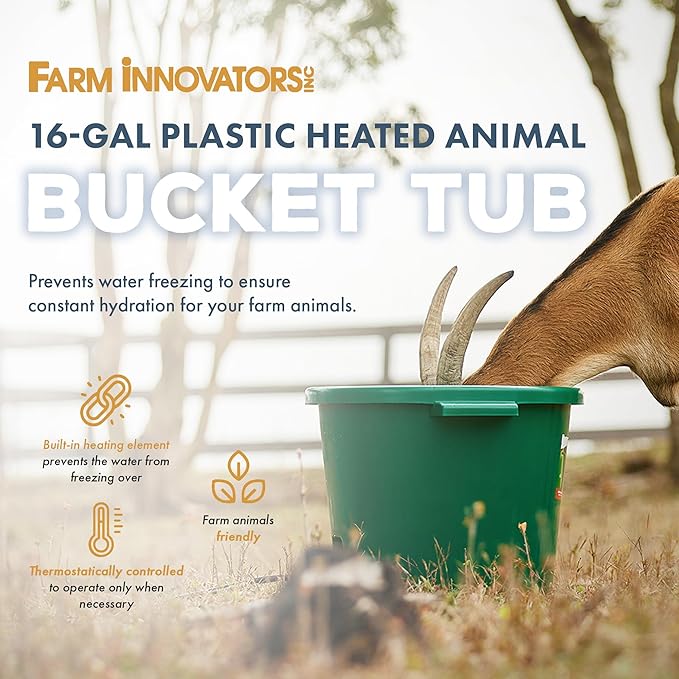 Farm Innovators Heated Water Bucket, 200W Heating Power - 16 Gallon Plastic Bucket with Replaceable Heating Element for Livestock Watering & Feeding