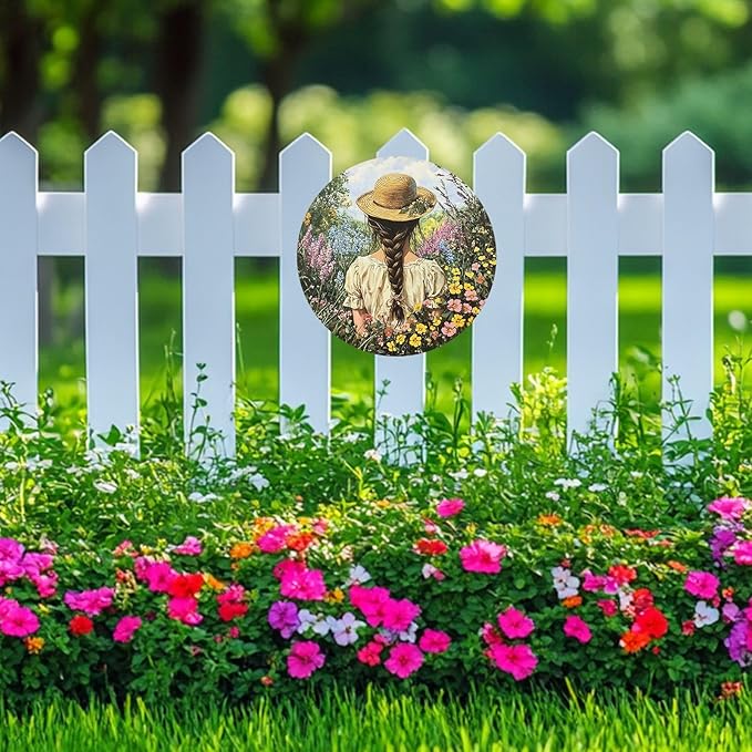 Funny Girl Flowers Funny Round Garden Metal Signs Vintage Tin Sign Retro Wall Wreath Decor for Home Garden Yard Bar Cafe Farmhouse Garage Indoor Outdoor 8 Inch
