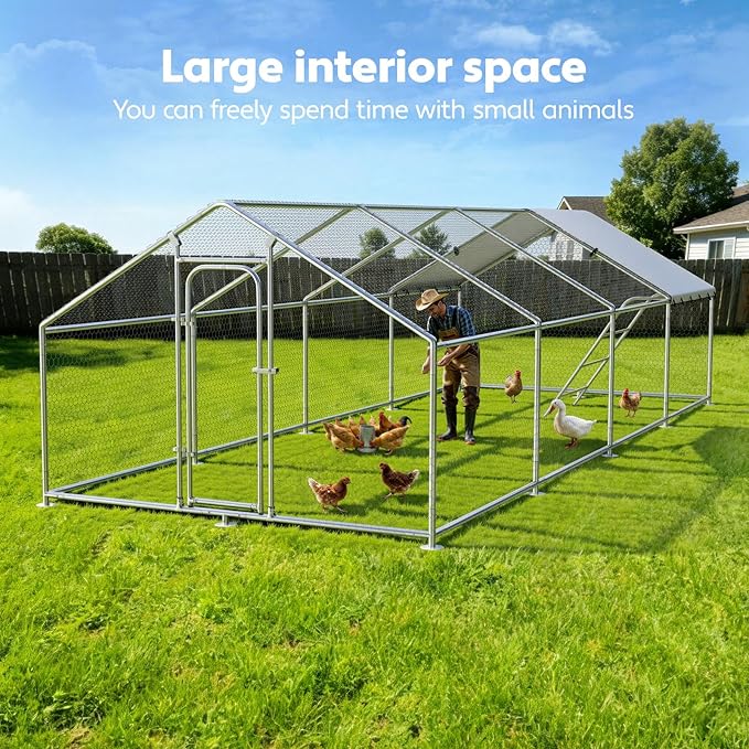 Large Metal Chicken Coop with Roosting Perch, Waterproof and UV Protection Cover, Chicken Run Outdoor Walk-in Cage Chicken Rabbit Duck Hen House for Yard Farm Use Spire Roof(10’ W x 26.2’ L x 6.4’ H)