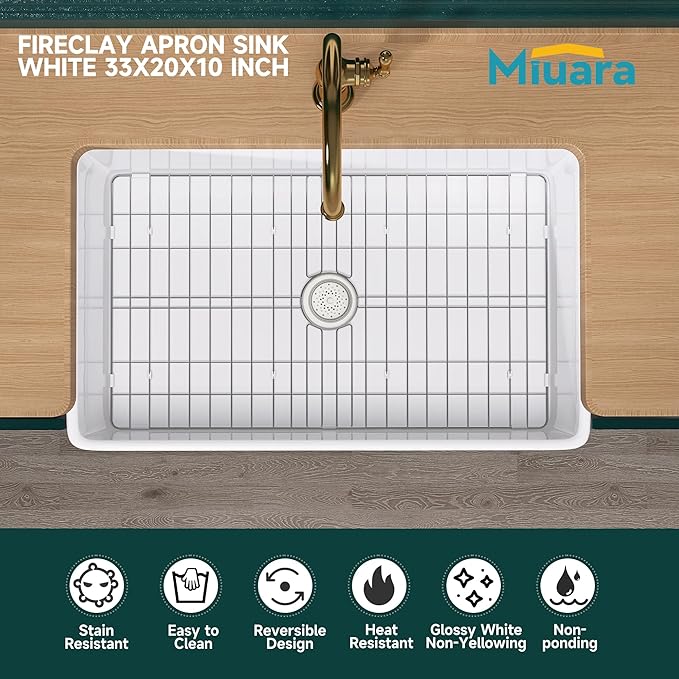 Miuara Farmhouse Sink 33 Inch - White Apron Front Kitchen Sink Reversible 33"x20"x10", Undermount, Farm House Style Large Deep Single Bowl, Heavy Duty Solid Fireclay, Glossy White, for Kitchen
