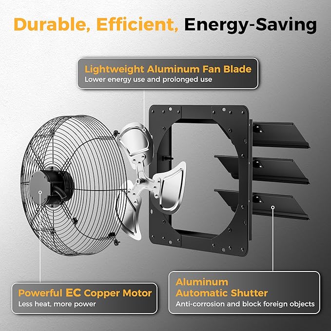 14 Inch EC Motor Shutter Exhaust Fan, 6 Inch Large Touchscreen Controller for Temp Humidity and Speed Control, 10-Speed Wall Mount Fan for Attic, Greenhouse, Garage, Chicken Coop Ventilation