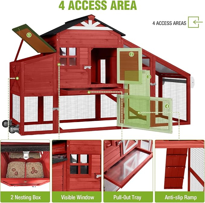 GUTINNEEN Chicken Coop with Wheels for 2-4 Chickens, Large Wooden Outdoor Hen House with Run, Waterproof & UV-Resistant Roof, Removable Leakproof Tray and Divided Nesting Box– Red