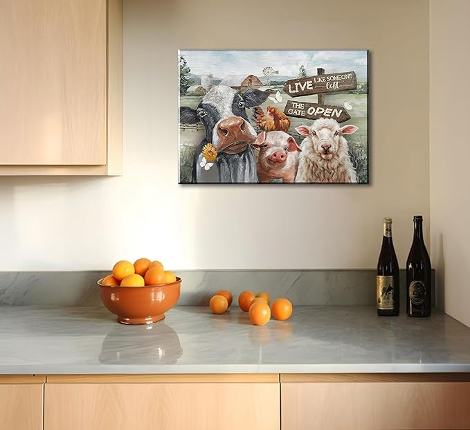 Funny Farm Animals Canvas Wall Art Rustic Farmhouse Poster Print Picture Cute Cow Sheep Pig Chicken Barn Country Sign Painting Artwork Wall Decor for Dining Room Bedroom Kitchen 16x24in Framed
