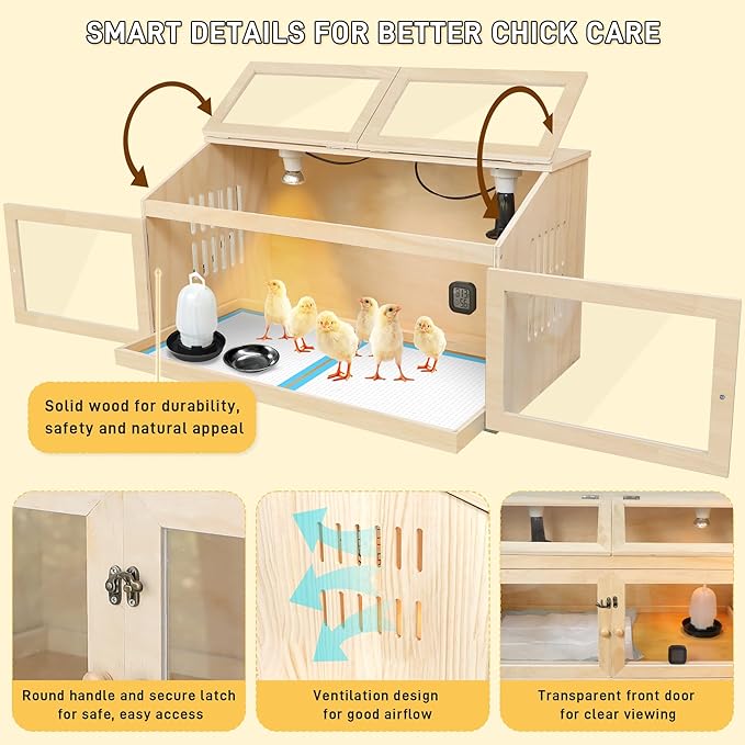 Chicken Brooder Box for Chicks with Sliding Drawer, Large Wooden Chick Brooder Box 32" Wide with Heating Lamp & Thermometer, Fully-Opened Top and Front Door for Chicks, Duck, Quail, Hamster, Reptiles