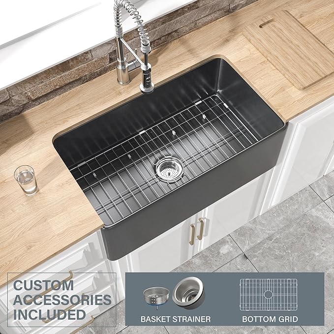 Black Farmhouse Sink 30 x 18 Inch, Firecaly Apron Front Undermount Farm Sink, Heavy Duty Single Bowl, with Accessories 2 Types, Matte Black, for Kitchen