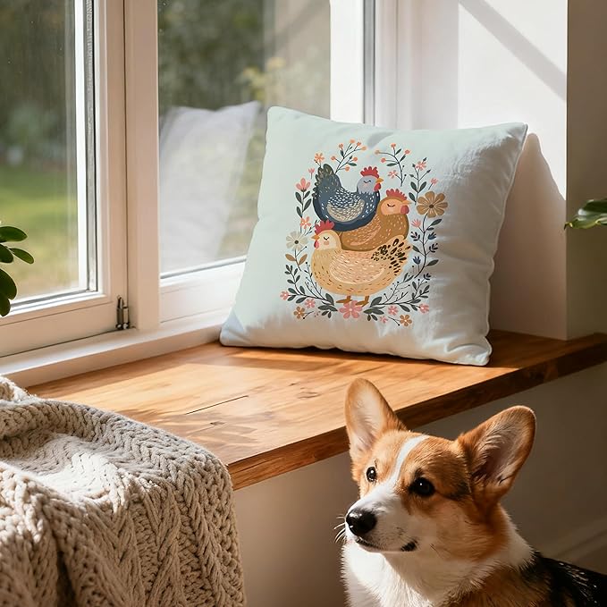 Rustic Floral Chicken Pillow Covers 18x18, Chicken Lover Lady Mom Gifts, Cottagecore Flower Farmhouse Hen Decorative Throw Pillow Covers for Home Bedroom Living Room, Set of 2,Color-2