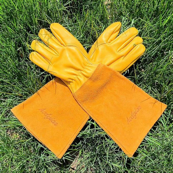 Acdyion Thorn Proof Gardening Gloves for Men & Women, Long Cowhide Leather Rose Pruning Gloves with Forearm Protection, Puncture Resistant Gauntlets for Cacti, Blackberries & Yard Work(yellow,X-Large)
