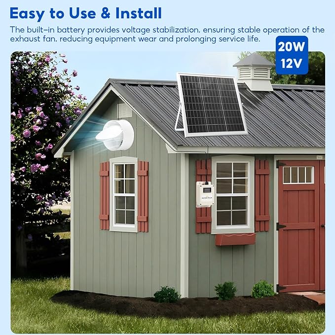 SUNYIMA Solar Powered Fan with Battery,20W Solar Panel Weatherproof+ 8'' Solar Exhaust Fan with 9.84Ft On/Off Cable for Greenhouse Circulation, Chicken Coop, Shed, Pet Houses, Ventilation