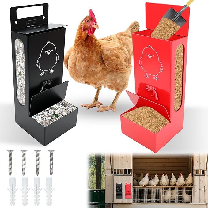 2Pcs Chicken Grit Feeder,Chicken Oyster Shell Feeder Weatherproof Heavy-duty,Feed-Level Indicator with a Top Lid and a Bottom Cap,Hanging Chicken Coop Accessories, Metal Automatic Chicken Feeder，