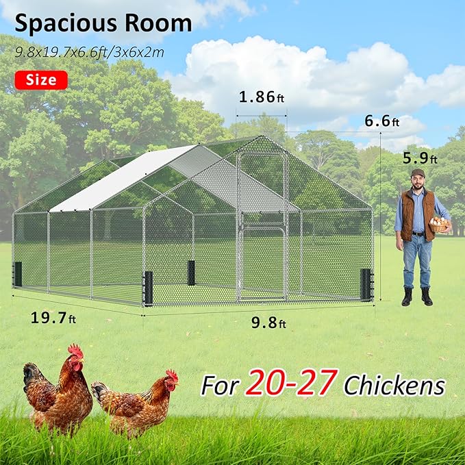 Large Metal Chicken Coop, Walk-in Chicken Run with Feeding Door, Security Lock and Cover, Outdoor Duck/Rabbit Cage Poultry Pen for Backyard, Farm, Yard (Silver - Spire Roof, 19.7 x 9.8 x 6.5 FT)