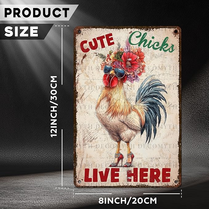 Vintage Chicken Coop Tin Sign Cute Chicks Live Here Retro Metal Poster Funny Pet Lovers Wall Art Accessories for Coop Shop Bar Farmhouse Garden Plaque Farm Room Bathroom Restroom 12 * 8inch