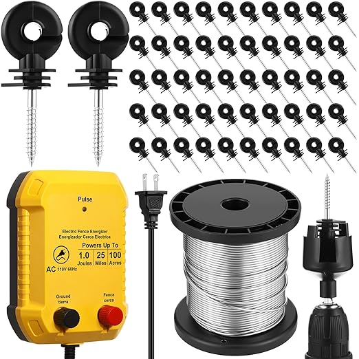 Electric Fence for Preventing Animals Intruding 2 Mile 110VAC 1 Joule Electric Plug in Fence, 50 Black Insulator and 1 Socket Tool 250ft Aluminum Wire for Animals and Keep Out Predators