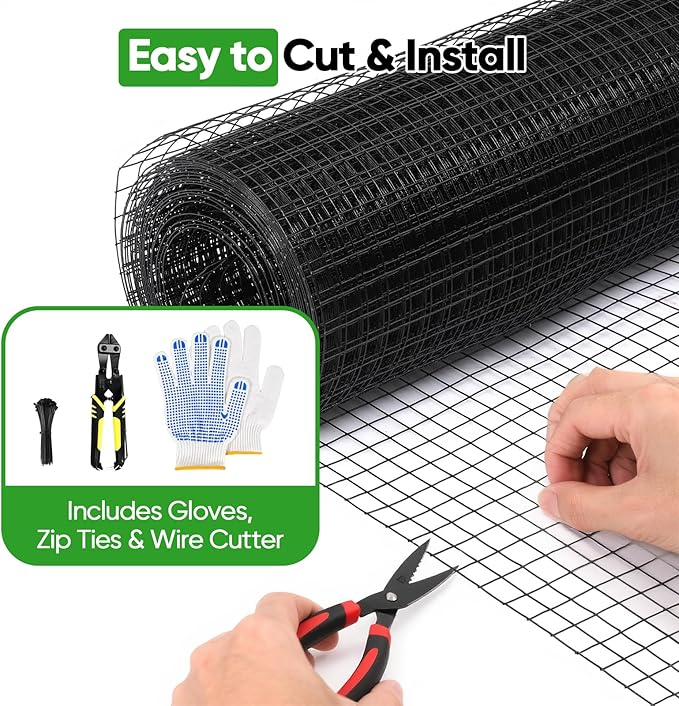 Black Hardware Cloth 24in x 50ft – 19 Gauge Vinyl Coated Steel Wire Mesh Roll, 1" Square Welded Fence for Chicken Coop, Garden Barrier, Animal Control, Outdoor Pet Enclosure, Rodent Proofing